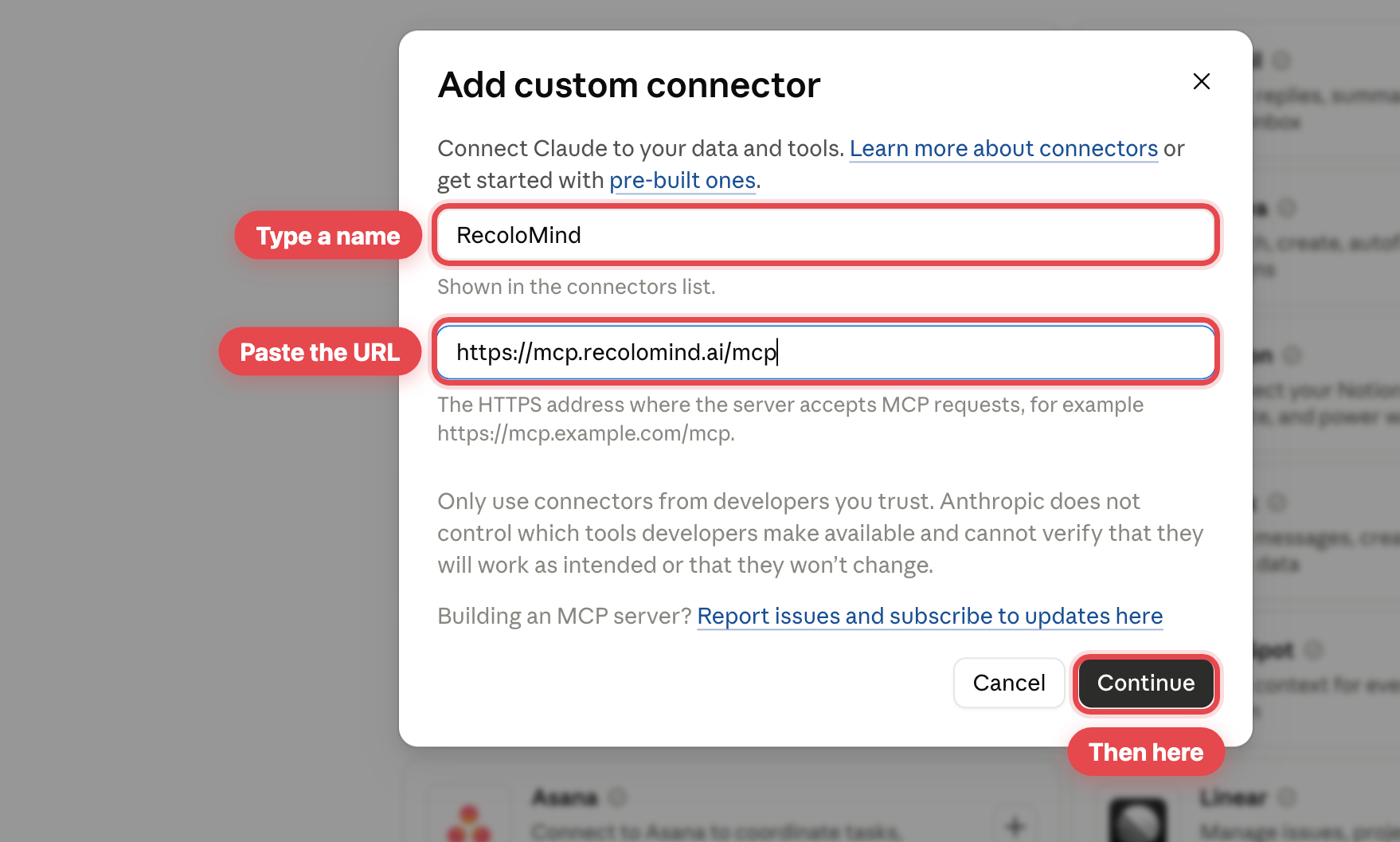The custom connector dialog with the name and URL filled in