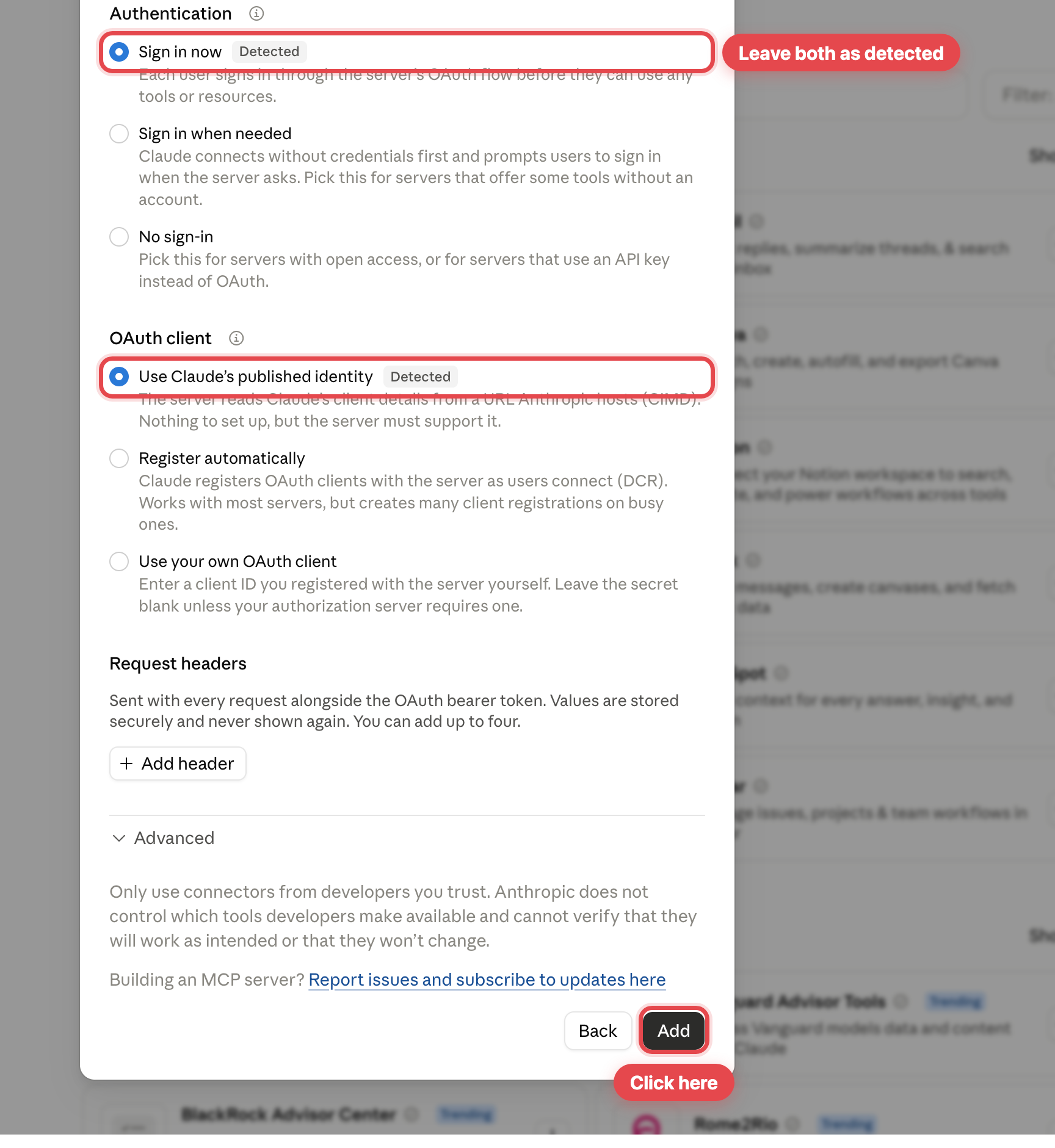 Claude's detected authentication defaults, ready to add