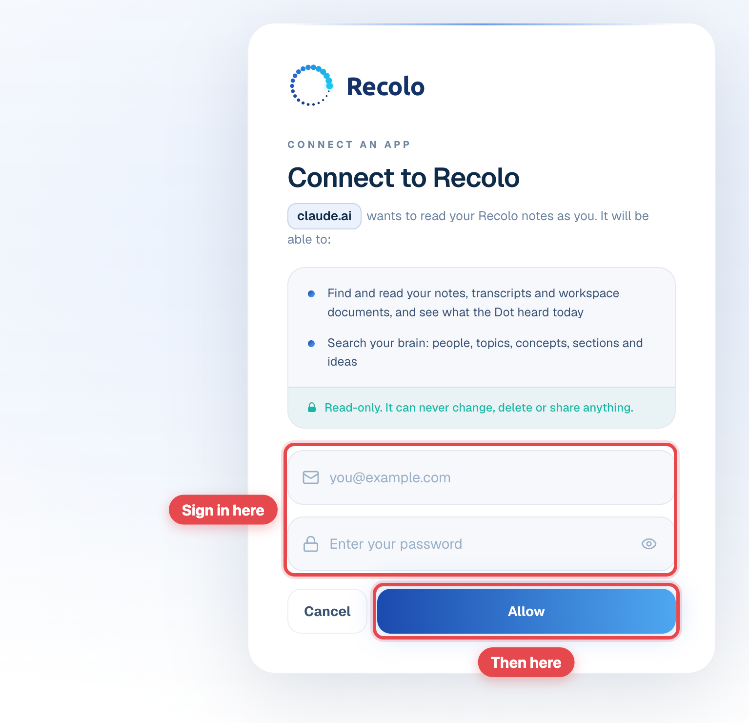The Recolo consent page showing claude.ai and read-only access