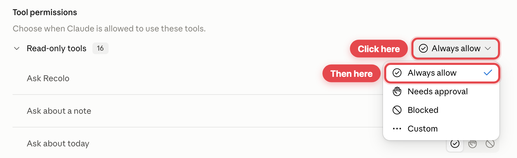 Setting RecoloMind's read-only tools to Always allow
